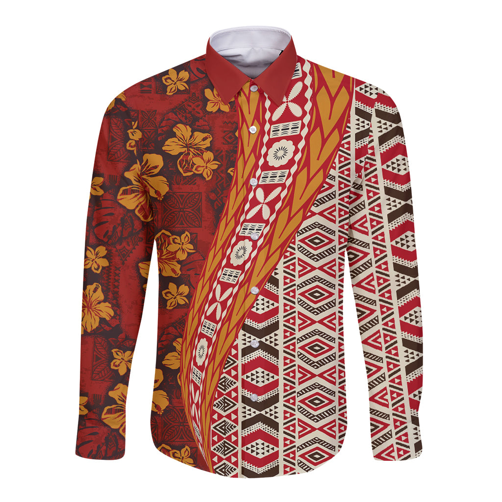 Hawaii Native Tapa Elements and Hibiscus Flowers Long Sleeve Button Shirt LT03 Unisex Red - Polynesian Pride