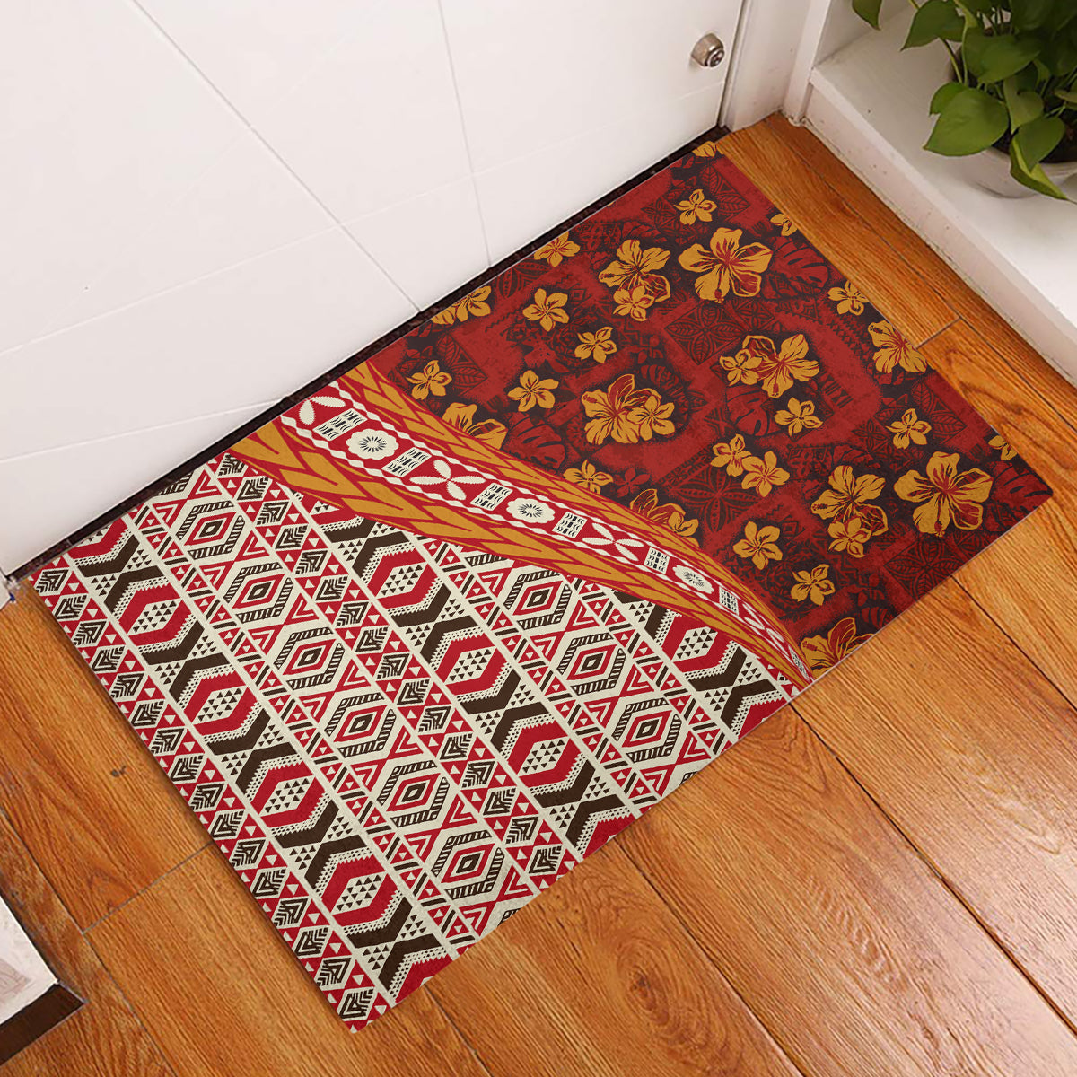 Hawaii Native Tapa Elements and Hibiscus Flowers Rubber Doormat LT03 Red - Polynesian Pride