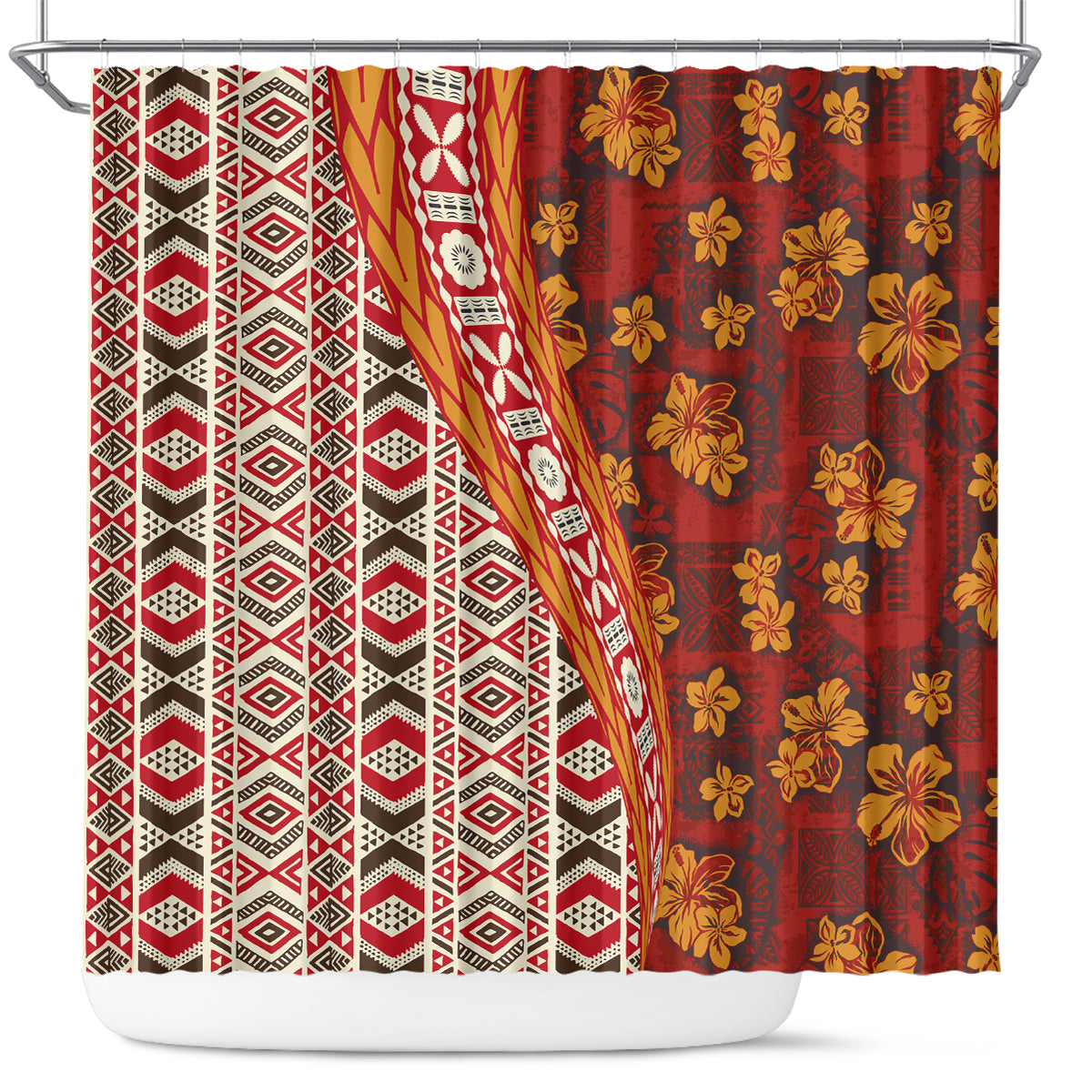 Hawaii Native Tapa Elements and Hibiscus Flowers Shower Curtain LT03 Red - Polynesian Pride