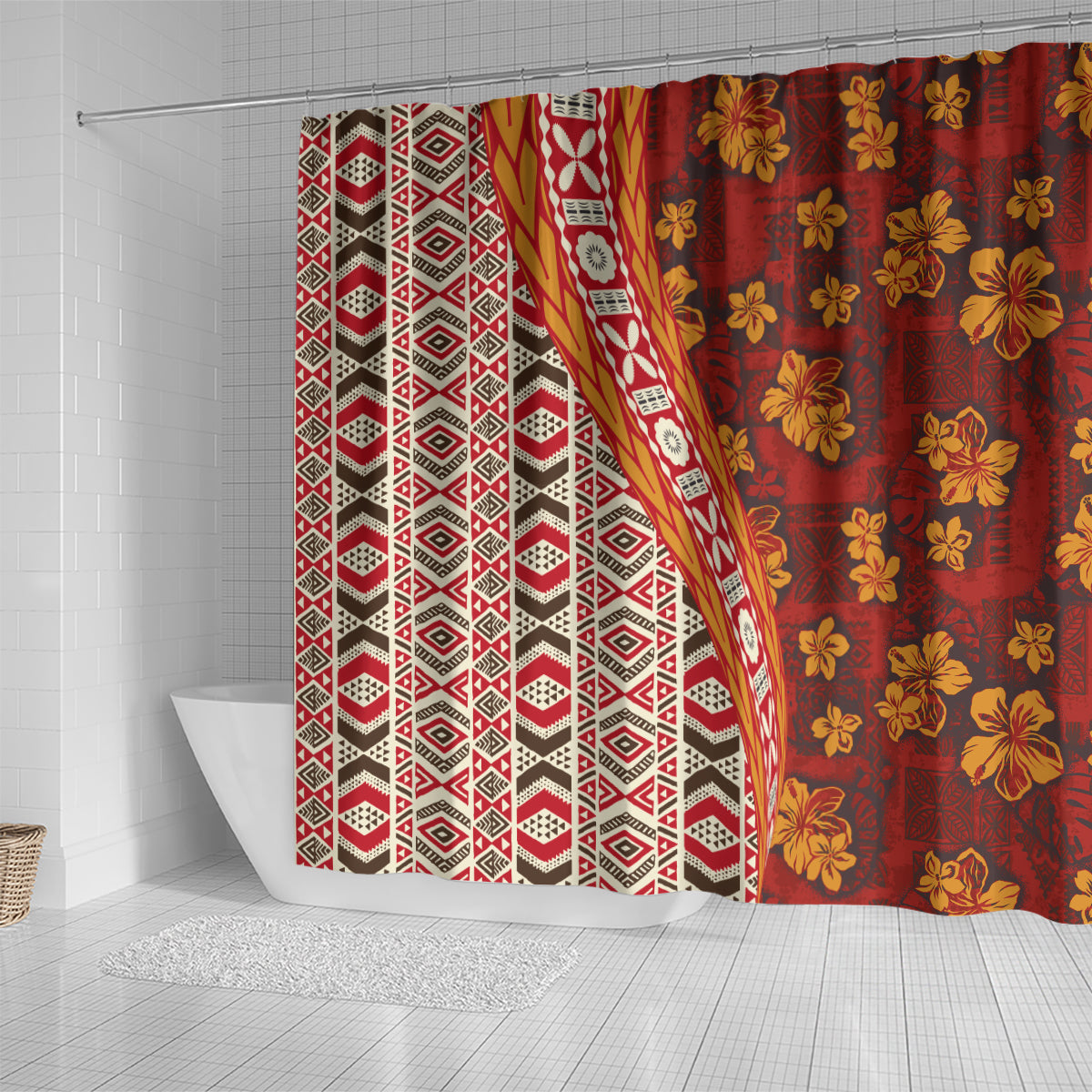 Hawaii Native Tapa Elements and Hibiscus Flowers Shower Curtain LT03 - Polynesian Pride