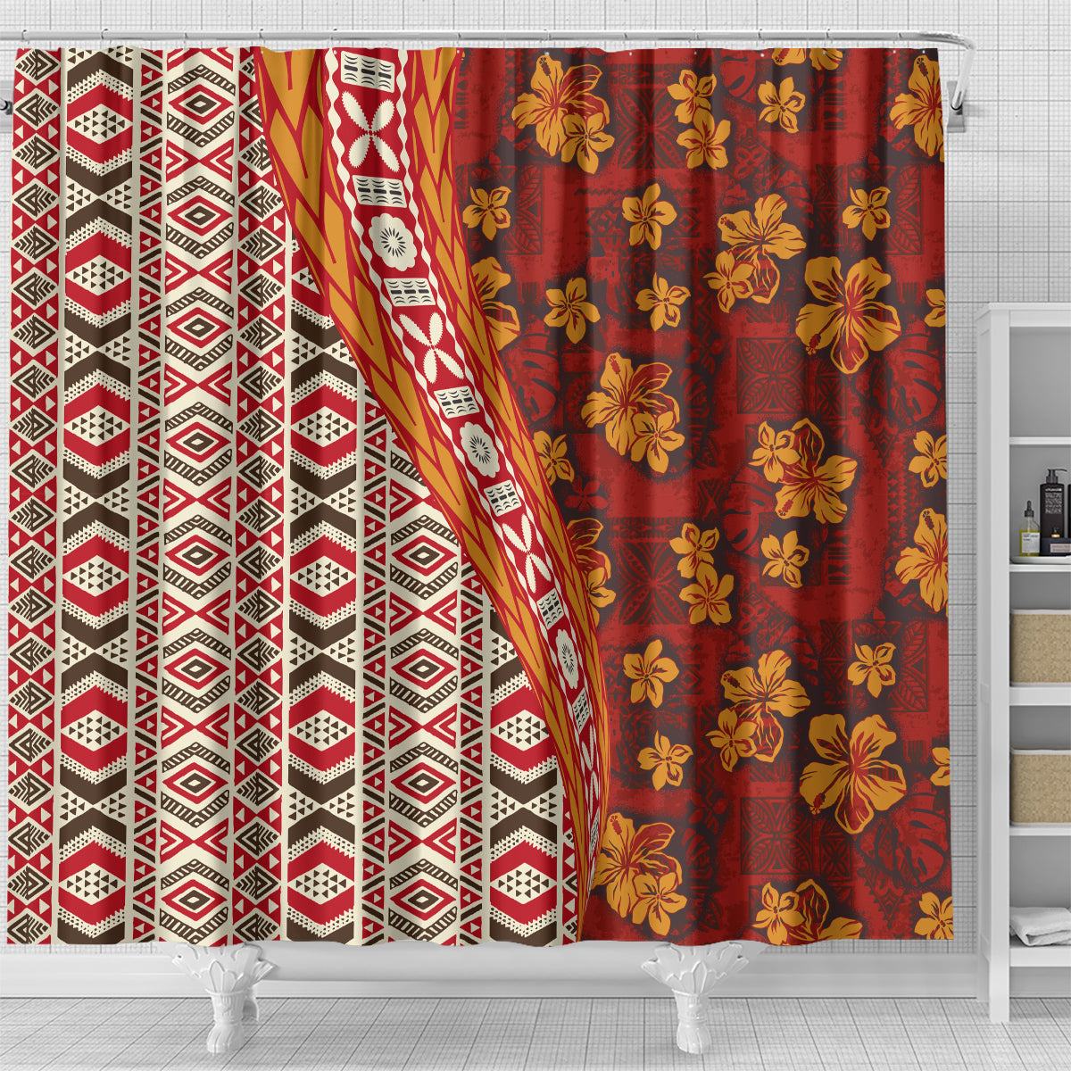 Hawaii Native Tapa Elements and Hibiscus Flowers Shower Curtain LT03 - Polynesian Pride