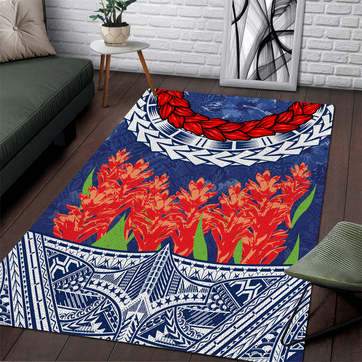 Samoan Tapa Area Rug Ula Fala and Teuila Flower LT03 Blue - Polynesian Pride