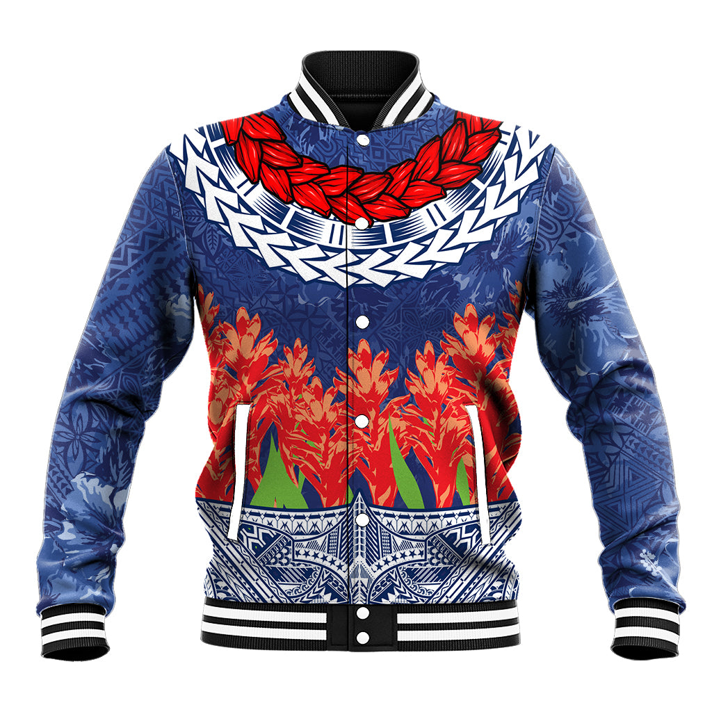 Samoan Tapa Baseball Jacket Ula Fala and Teuila Flower LT03 Unisex Blue - Polynesian Pride