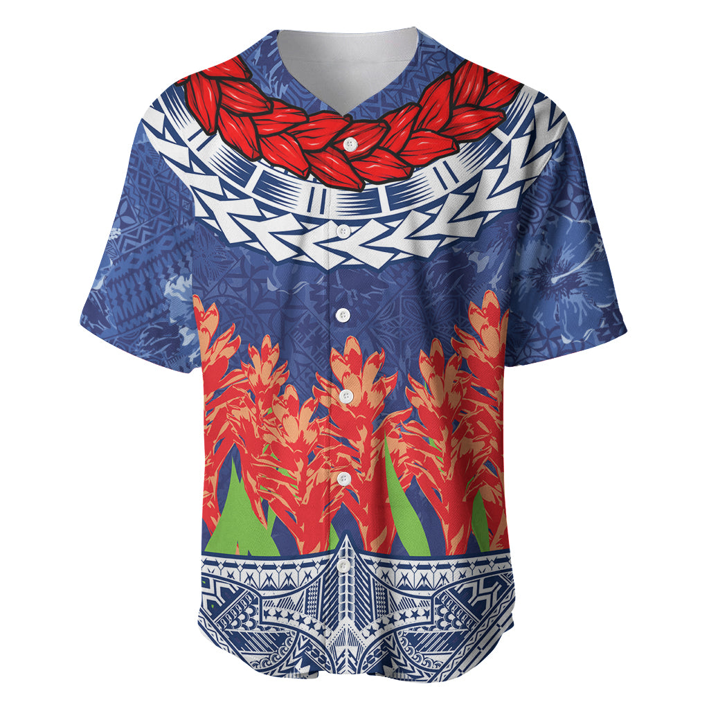 Samoan Tapa Baseball Jersey Ula Fala and Teuila Flower LT03 Blue - Polynesian Pride