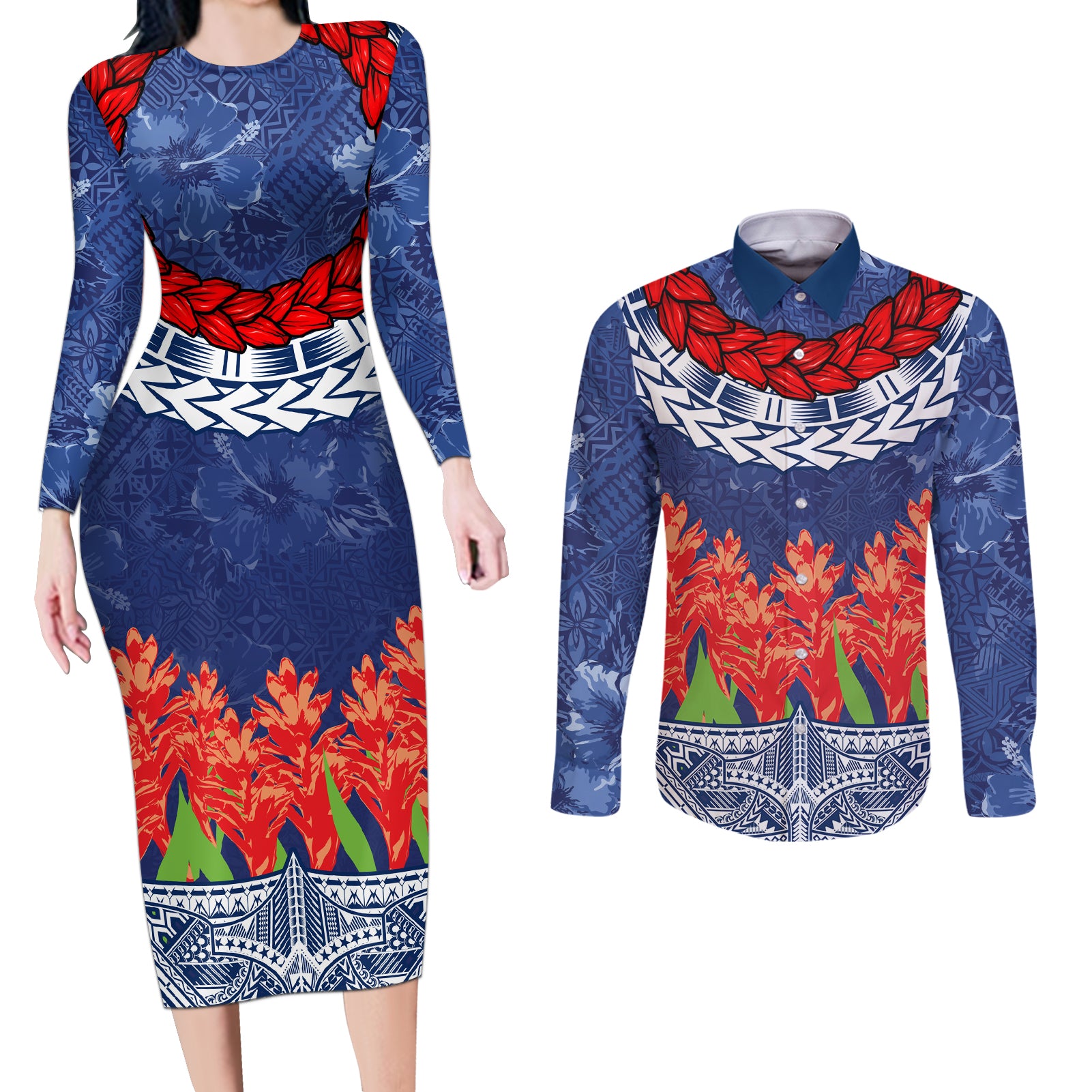 Samoan Tapa Couples Matching Long Sleeve Bodycon Dress and Long Sleeve Button Shirt Ula Fala and Teuila Flower LT03 Blue - Polynesian Pride