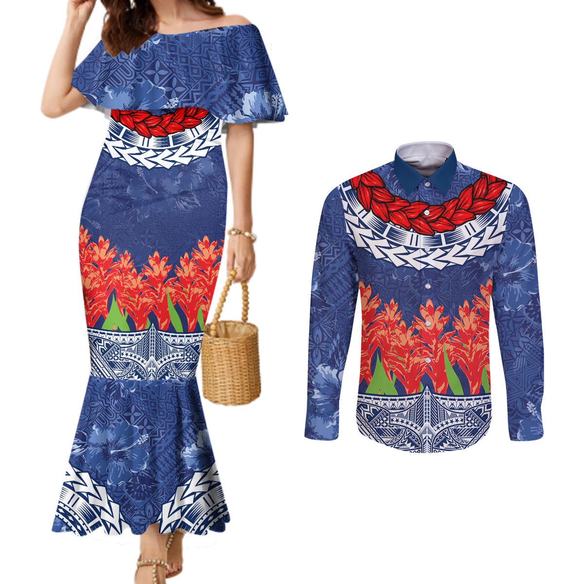 Samoan Tapa Couples Matching Mermaid Dress and Long Sleeve Button Shirt Ula Fala and Teuila Flower LT03 Blue - Polynesian Pride