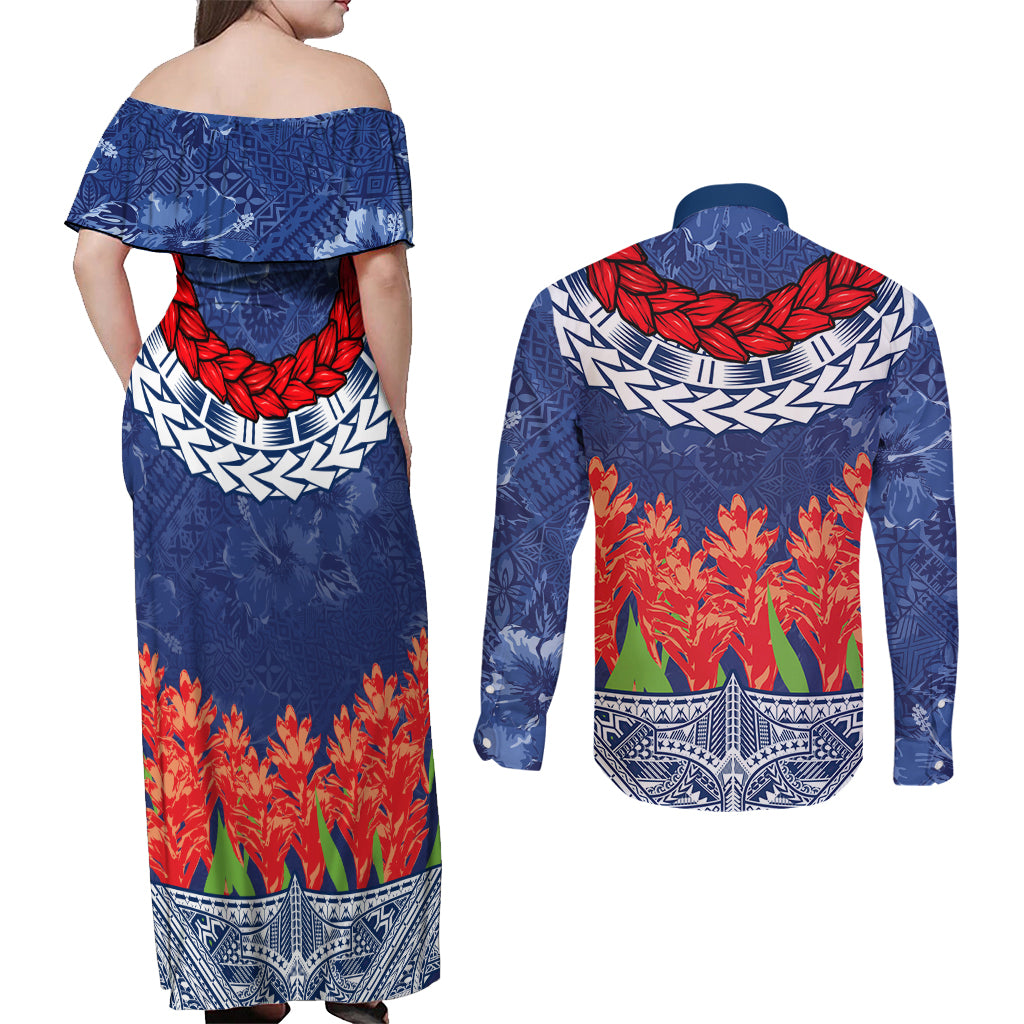 Samoan Tapa Couples Matching Off Shoulder Maxi Dress and Long Sleeve Button Shirt Ula Fala and Teuila Flower LT03 - Polynesian Pride
