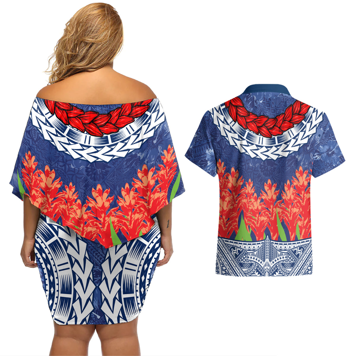 Samoan Tapa Couples Matching Off Shoulder Short Dress and Hawaiian Shirt Ula Fala and Teuila Flower LT03 - Polynesian Pride