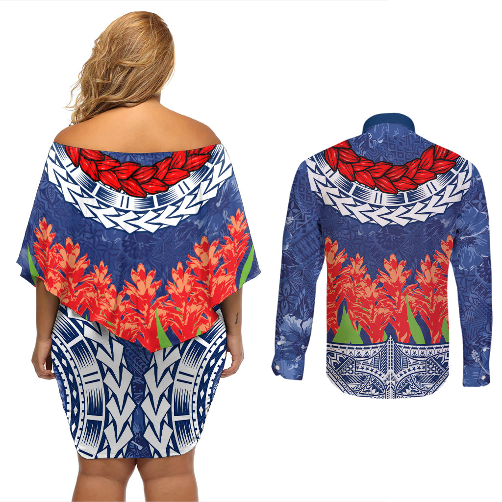 Samoan Tapa Couples Matching Off Shoulder Short Dress and Long Sleeve Button Shirt Ula Fala and Teuila Flower LT03 - Polynesian Pride