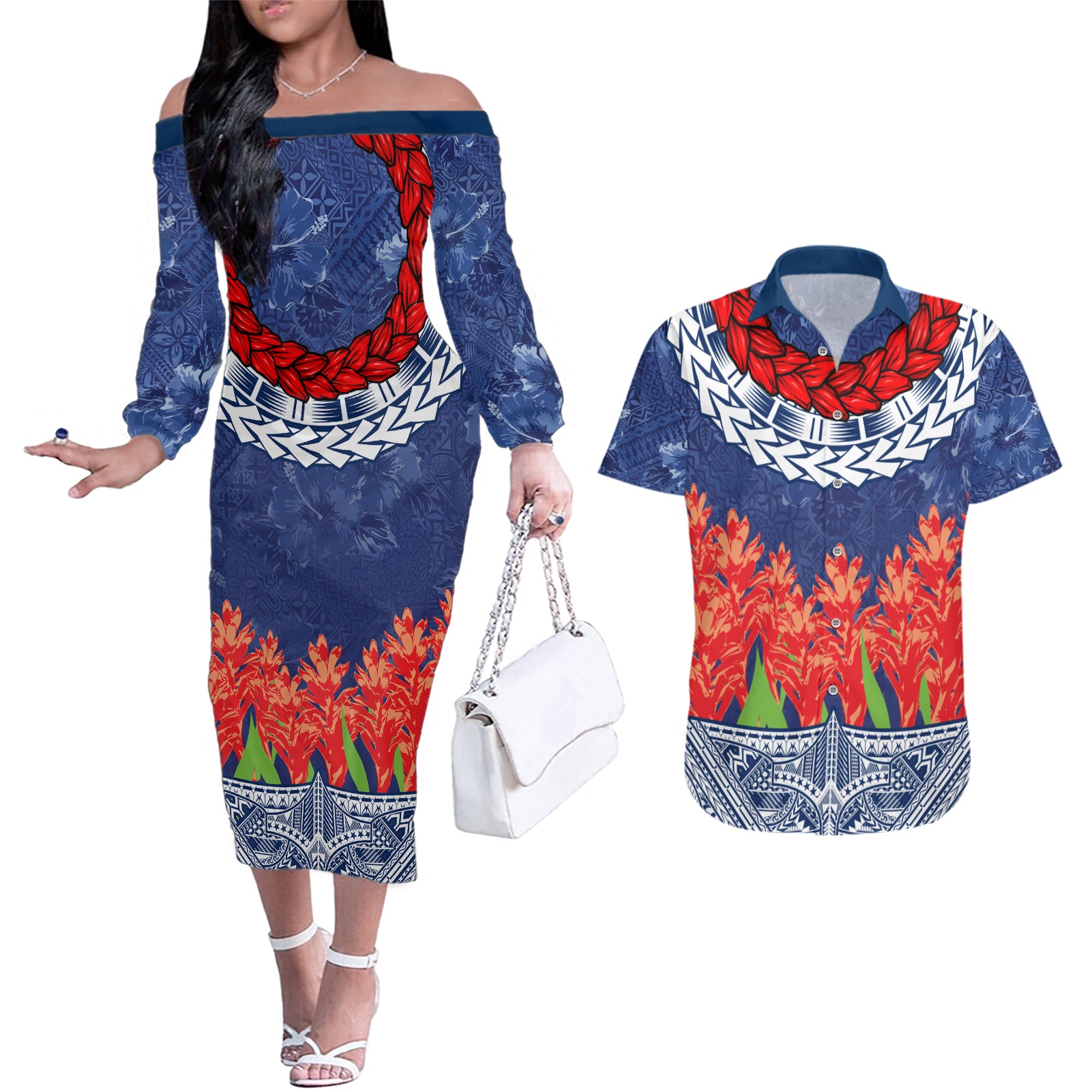 Samoan Tapa Couples Matching Off The Shoulder Long Sleeve Dress and Hawaiian Shirt Ula Fala and Teuila Flower LT03 Blue - Polynesian Pride