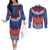 Samoan Tapa Couples Matching Off The Shoulder Long Sleeve Dress and Long Sleeve Button Shirt Ula Fala and Teuila Flower LT03 Blue - Polynesian Pride