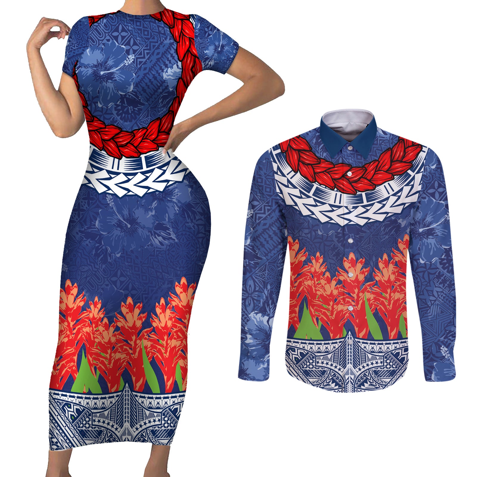 Samoan Tapa Couples Matching Short Sleeve Bodycon Dress and Long Sleeve Button Shirt Ula Fala and Teuila Flower LT03 Blue - Polynesian Pride