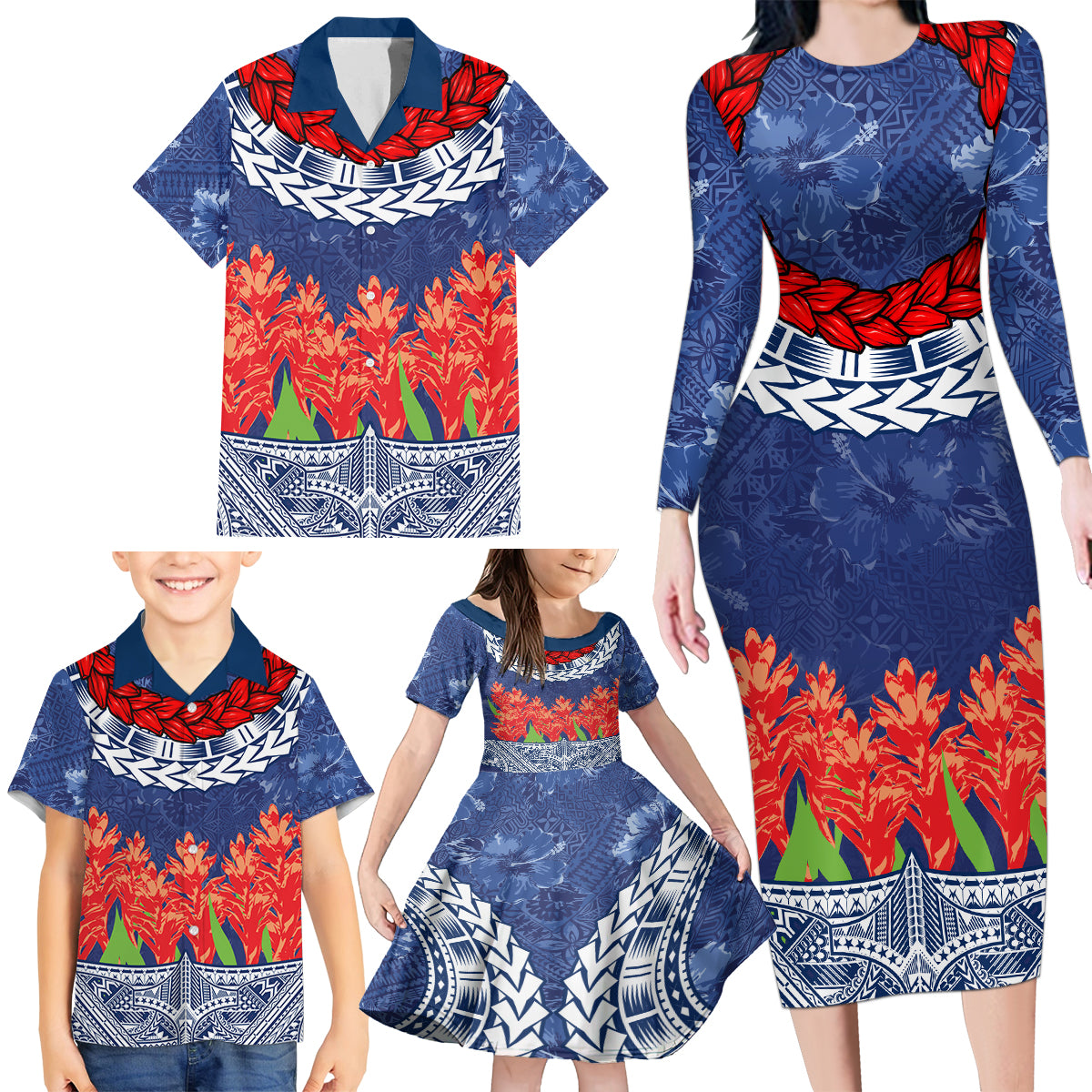 Samoan Tapa Family Matching Long Sleeve Bodycon Dress and Hawaiian Shirt Ula Fala and Teuila Flower LT03 - Polynesian Pride