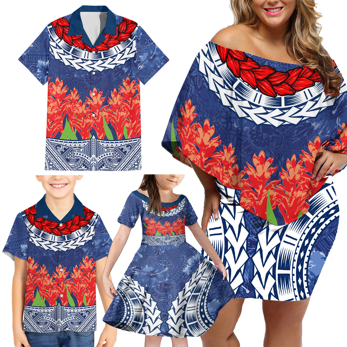 Samoan Tapa Family Matching Off Shoulder Short Dress and Hawaiian Shirt Ula Fala and Teuila Flower LT03 - Polynesian Pride