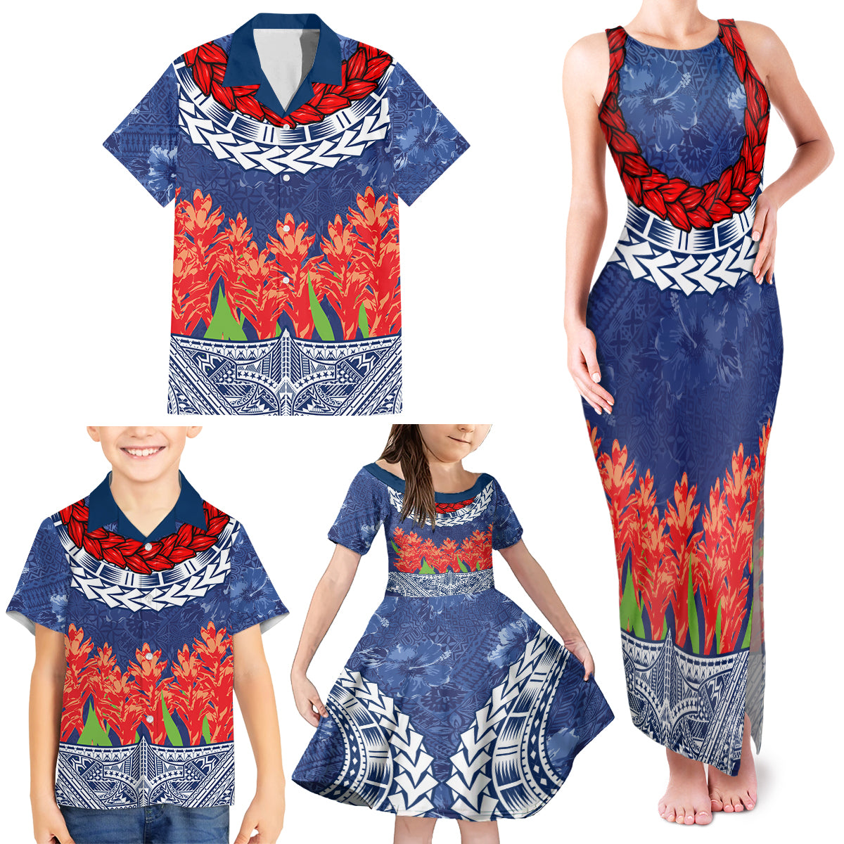 Samoan Tapa Family Matching Tank Maxi Dress and Hawaiian Shirt Ula Fala and Teuila Flower LT03 - Polynesian Pride