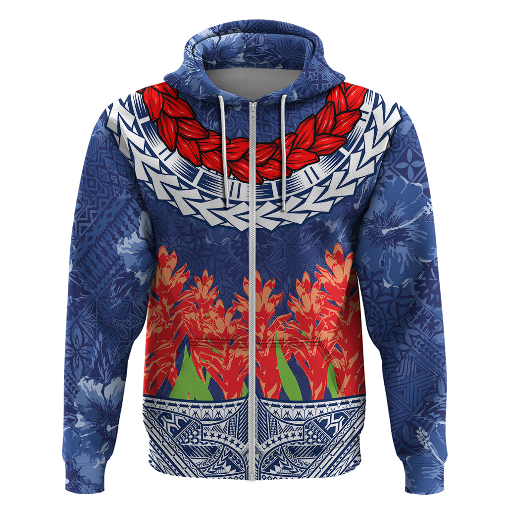 Samoan Tapa Hoodie Ula Fala and Teuila Flower LT03 Zip Hoodie Blue - Polynesian Pride