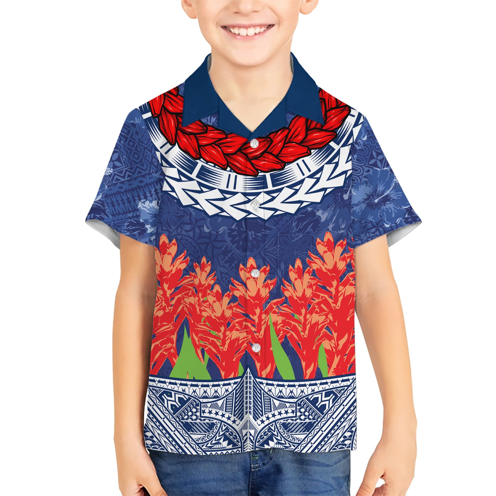 Samoan Tapa Kid Hawaiian Shirt Ula Fala and Teuila Flower LT03 Kid Blue - Polynesian Pride