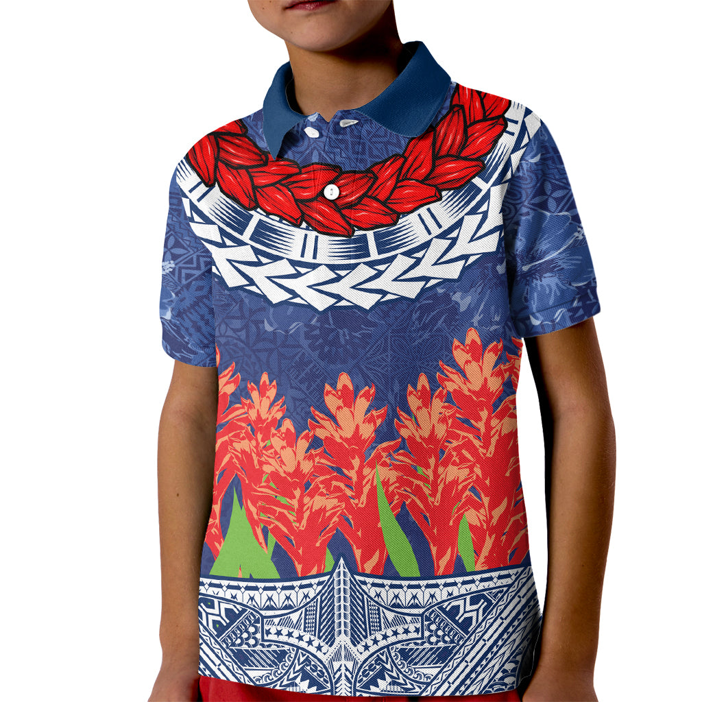 Samoan Tapa Kid Polo Shirt Ula Fala and Teuila Flower LT03 Kid Blue - Polynesian Pride