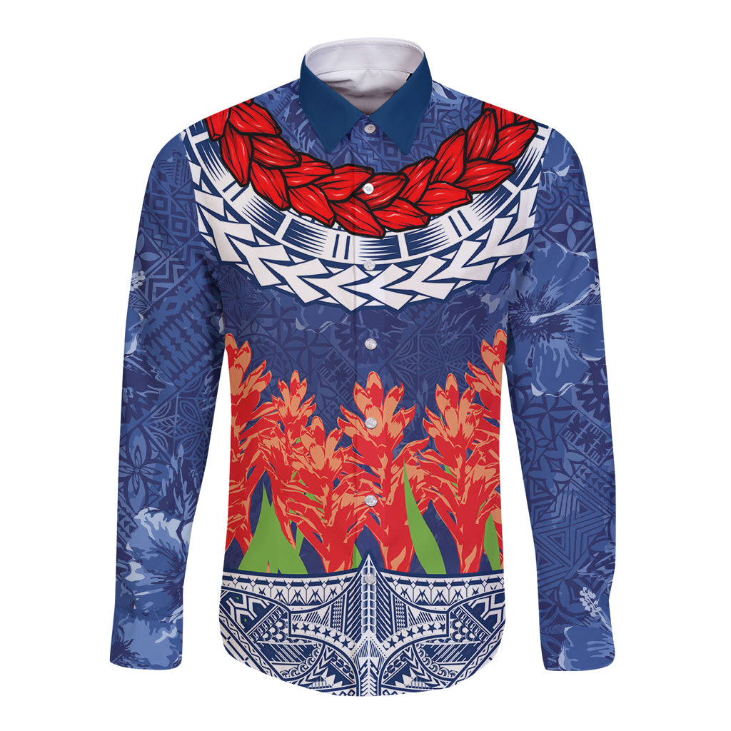 Samoan Tapa Long Sleeve Button Shirt Ula Fala and Teuila Flower LT03 Unisex Blue - Polynesian Pride