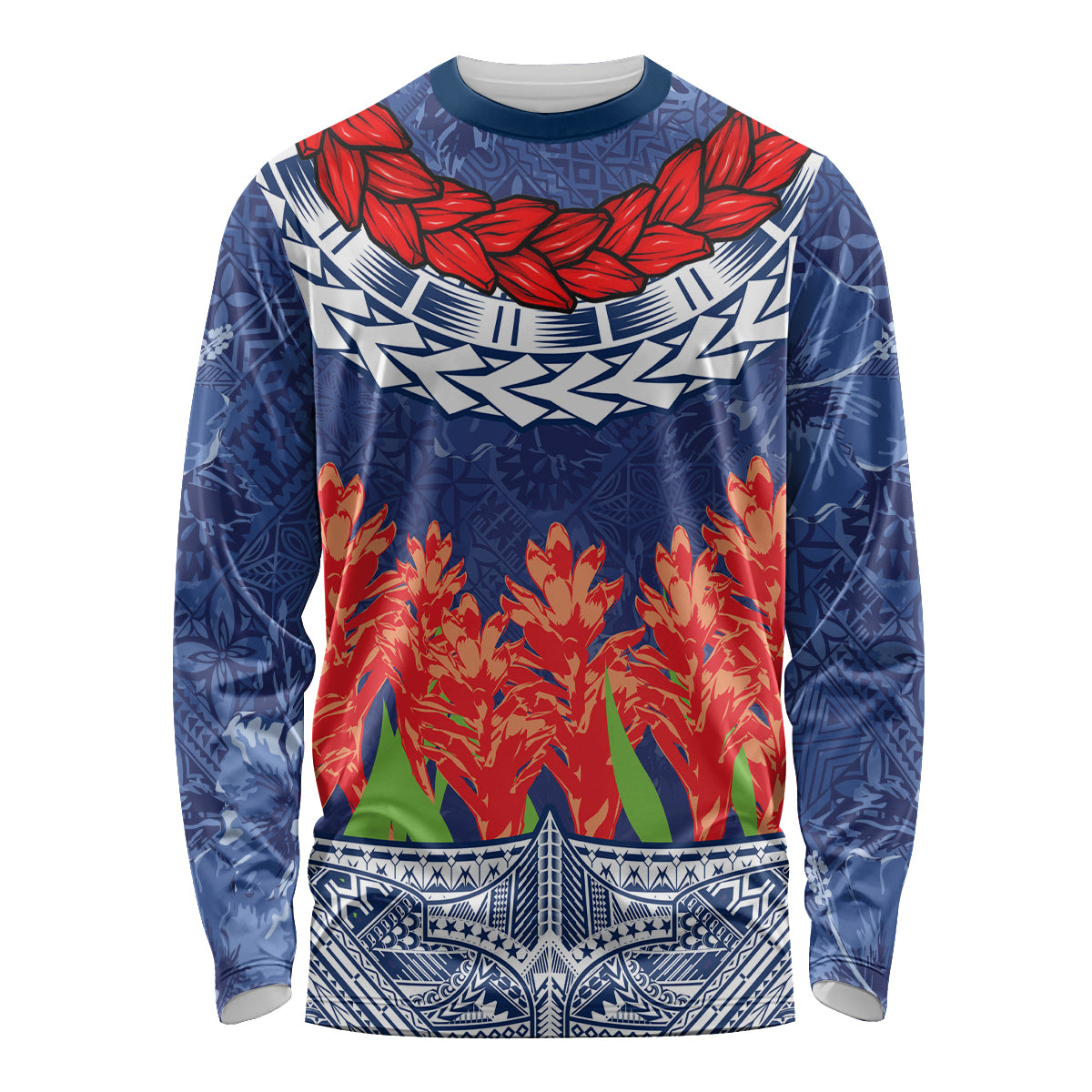 Samoan Tapa Long Sleeve Shirt Ula Fala and Teuila Flower LT03 Unisex Blue - Polynesian Pride