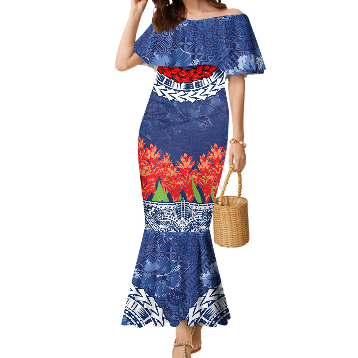 Samoan Tapa Mermaid Dress Ula Fala and Teuila Flower LT03 Women Blue - Polynesian Pride