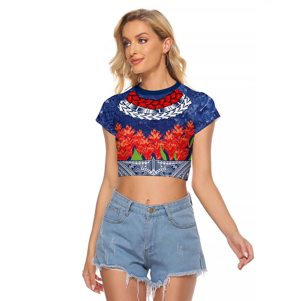 Samoan Tapa Raglan Cropped T Shirt Ula Fala and Teuila Flower LT03 Female Blue - Polynesian Pride