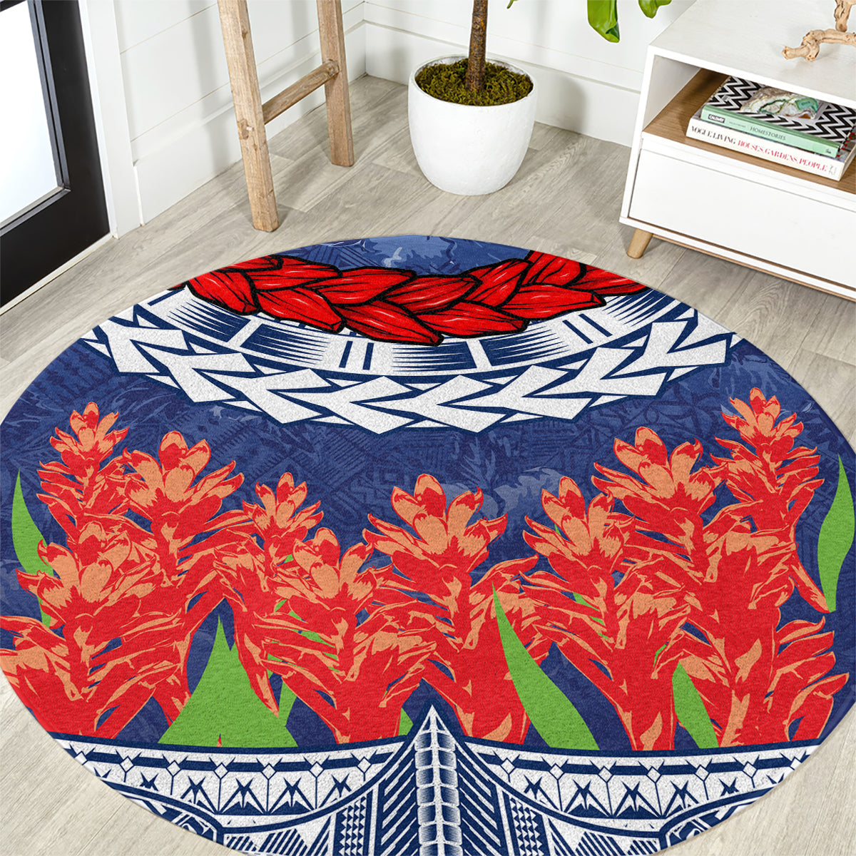 Samoan Tapa Round Carpet Ula Fala and Teuila Flower LT03 Blue - Polynesian Pride