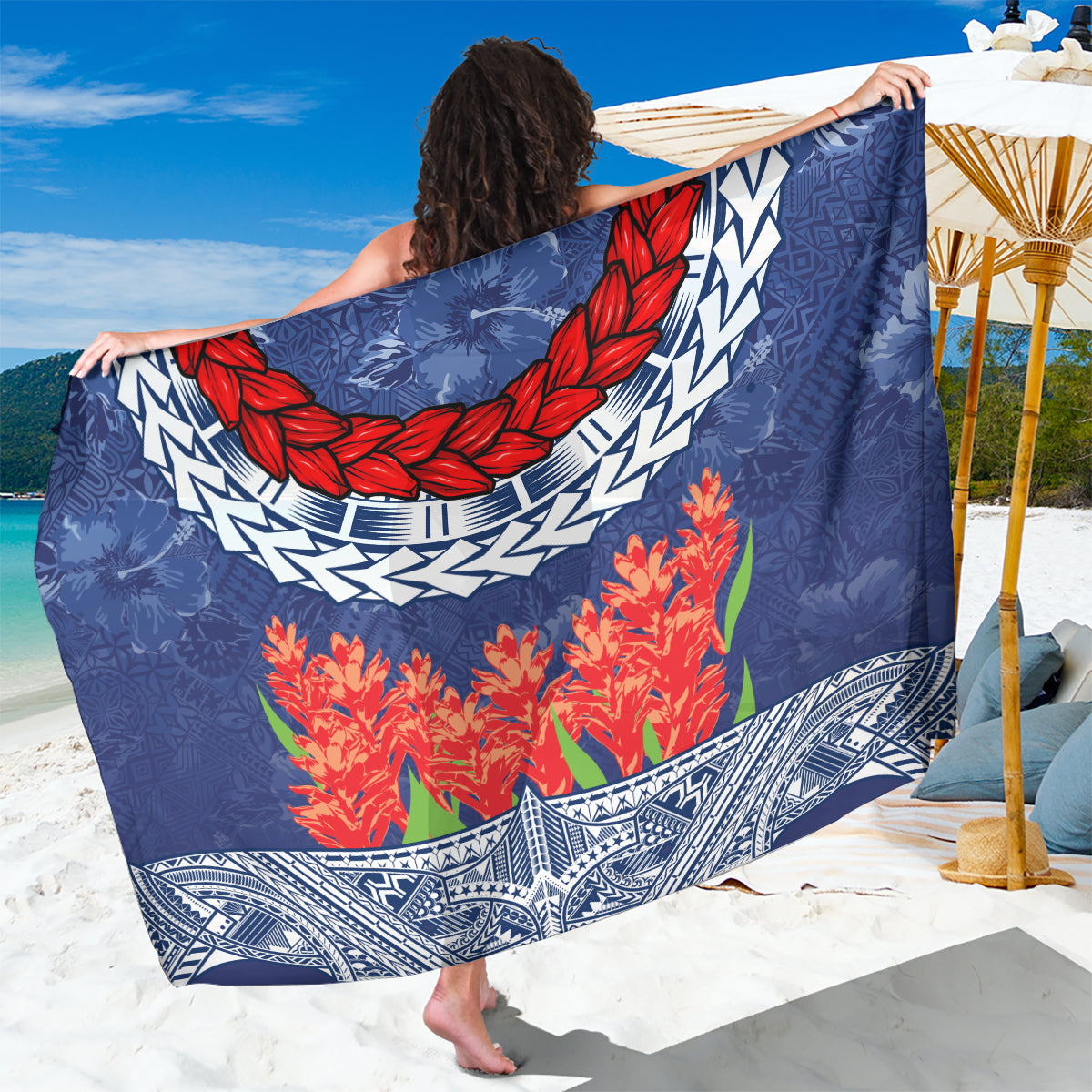 Samoan Tapa Sarong Ula Fala and Teuila Flower LT03 One Size 44 x 66 inches Blue - Polynesian Pride