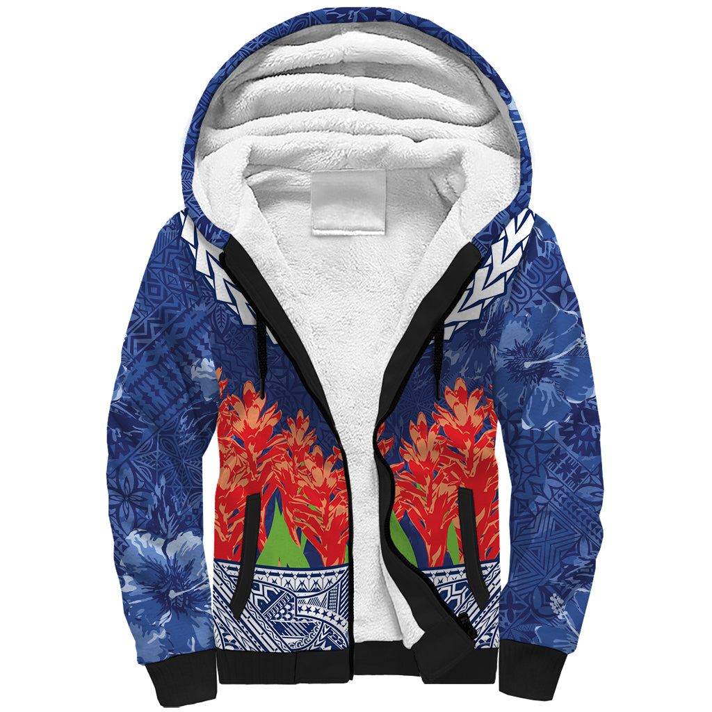 Samoan Tapa Sherpa Hoodie Ula Fala and Teuila Flower LT03 Unisex Blue - Polynesian Pride