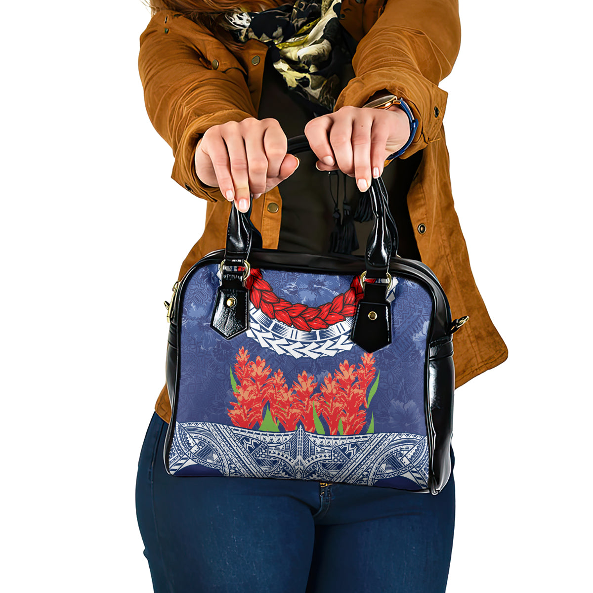 Samoan Tapa Shoulder Handbag Ula Fala and Teuila Flower LT03 One Size Blue - Polynesian Pride