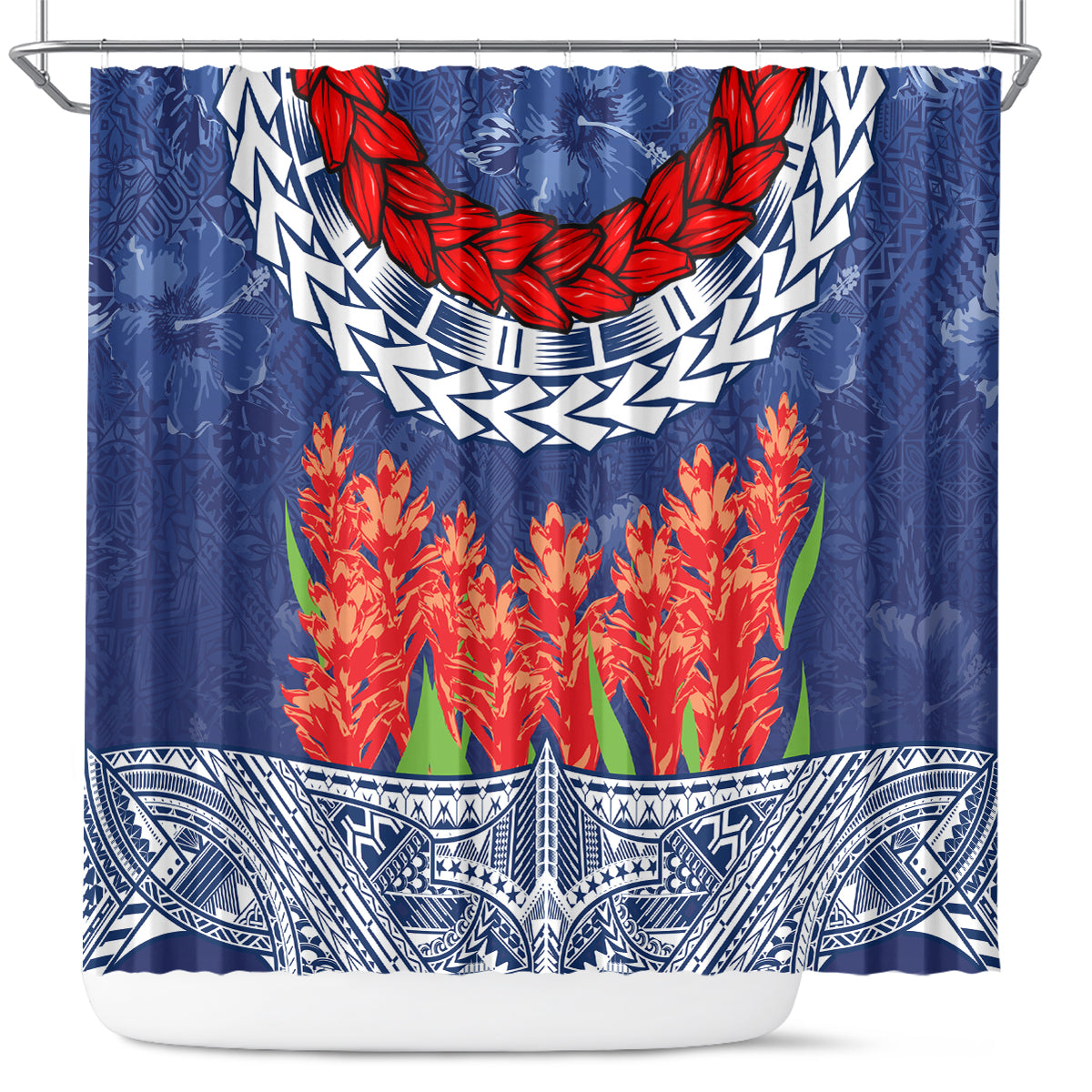 Samoan Tapa Shower Curtain Ula Fala and Teuila Flower LT03 Blue - Polynesian Pride