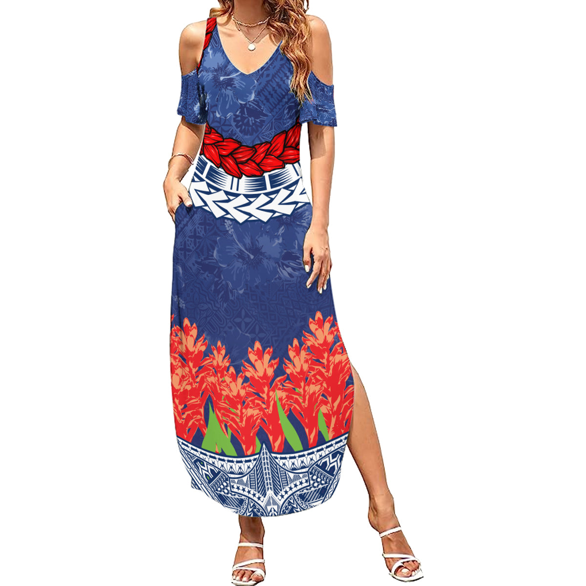 Samoan Tapa Summer Maxi Dress Ula Fala and Teuila Flower LT03 Women Blue - Polynesian Pride