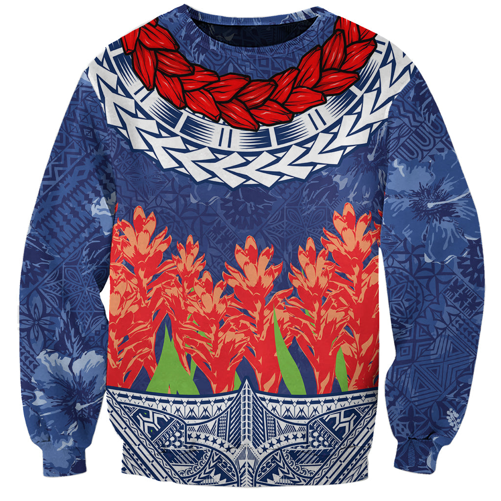 Samoan Tapa Sweatshirt Ula Fala and Teuila Flower LT03 Unisex Blue - Polynesian Pride