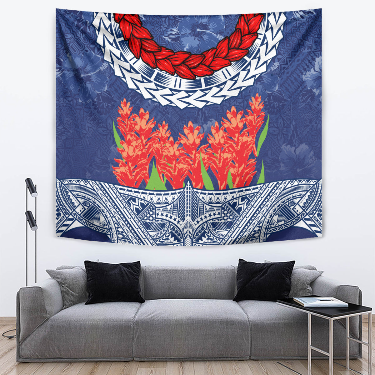 Samoan Tapa Tapestry Ula Fala and Teuila Flower LT03 Blue - Polynesian Pride