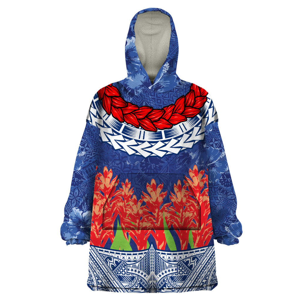 Samoan Tapa Wearable Blanket Hoodie Ula Fala and Teuila Flower LT03 One Size Blue - Polynesian Pride