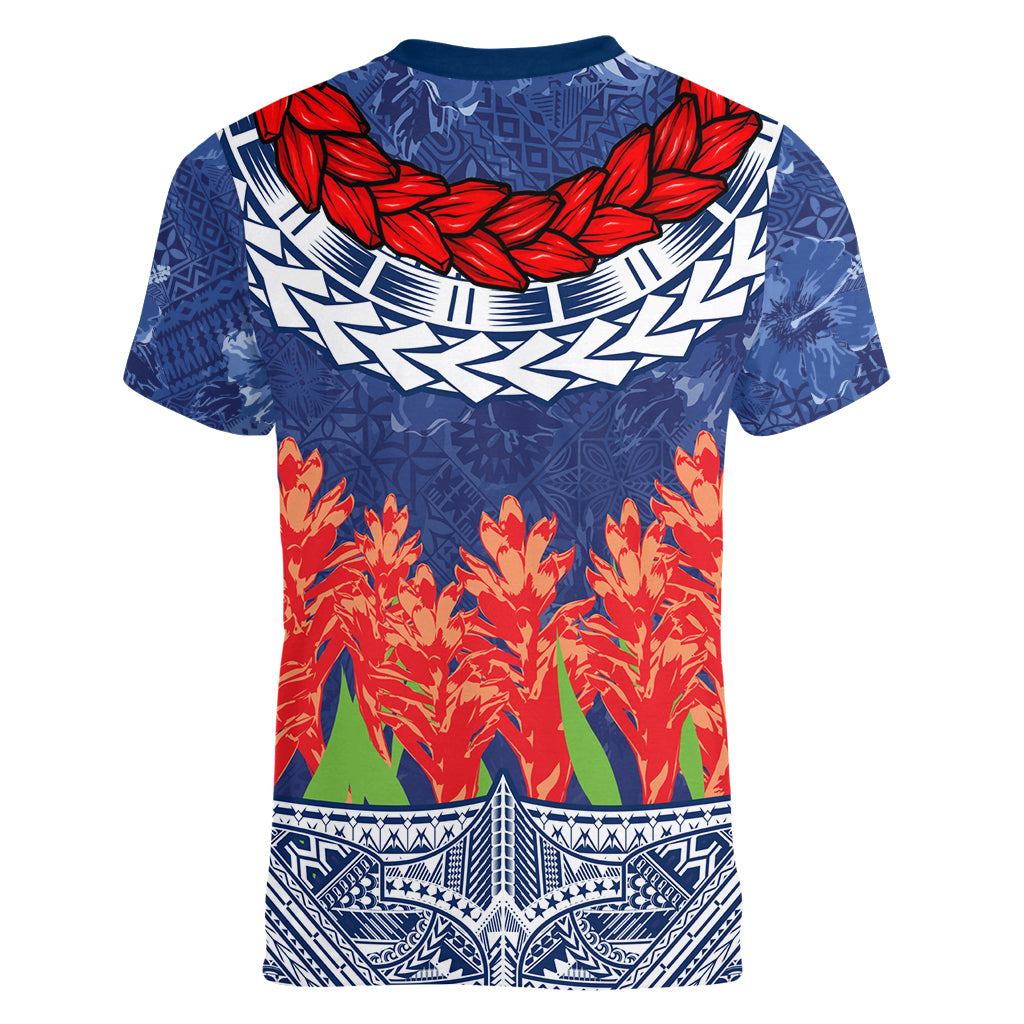 Samoan Tapa Women V Neck T Shirt Ula Fala and Teuila Flower LT03 - Polynesian Pride