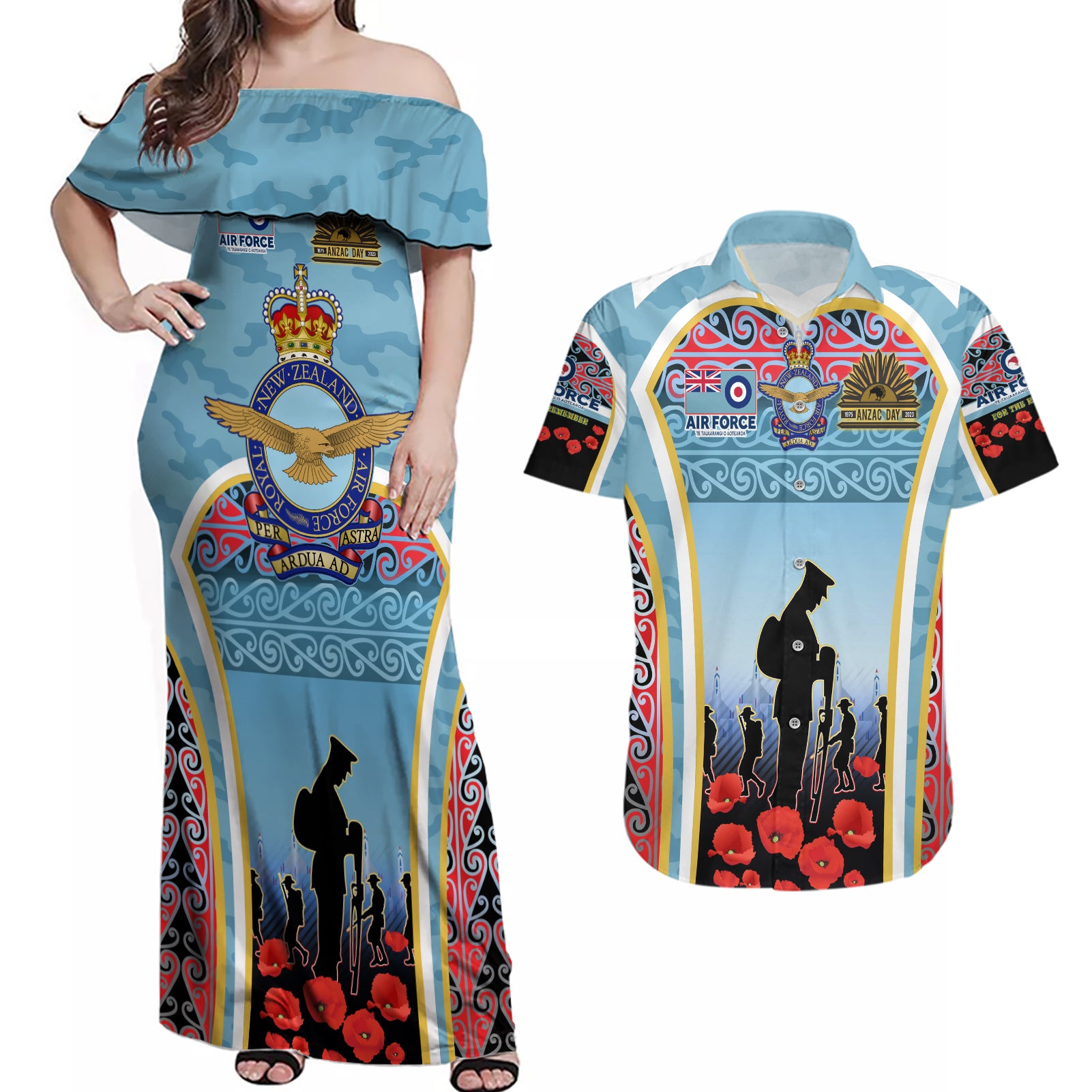 Royal New Zealand Air Force ANZAC Day Couples Matching Off Shoulder Maxi Dress and Hawaiian Shirt Te Tauaarangi o Aotearoa LT03 Blue - Polynesian Pride