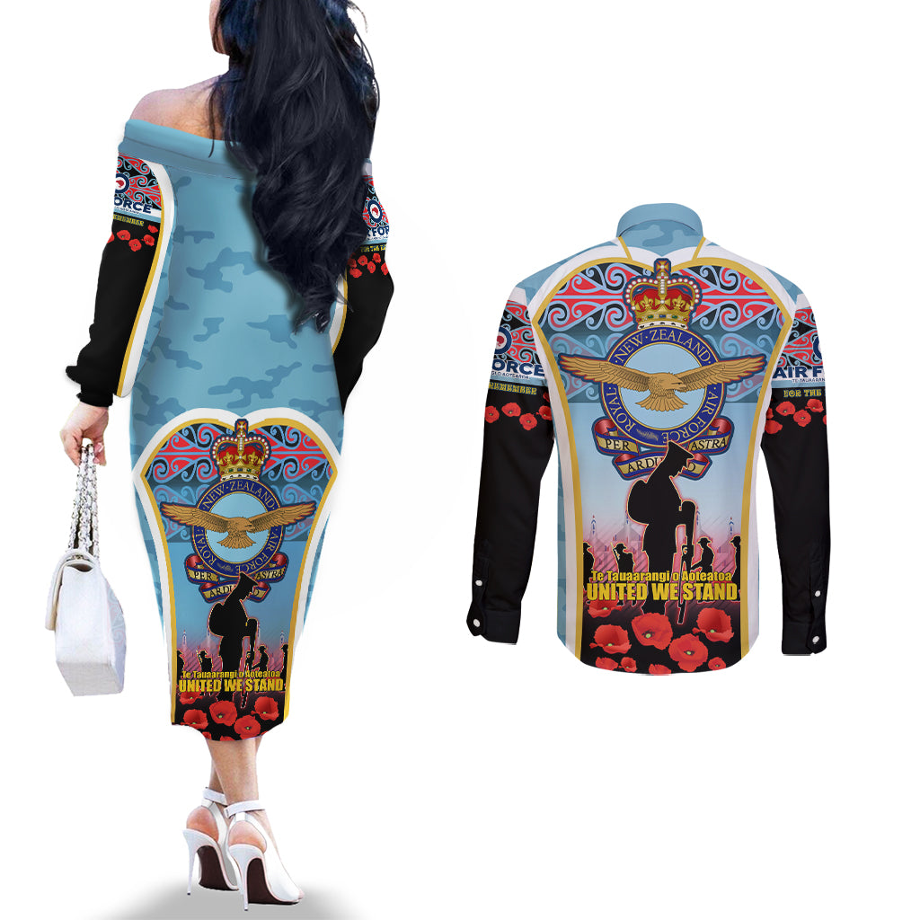 Royal New Zealand Air Force ANZAC Day Couples Matching Off The Shoulder Long Sleeve Dress and Long Sleeve Button Shirt Te Tauaarangi o Aotearoa LT03 - Polynesian Pride