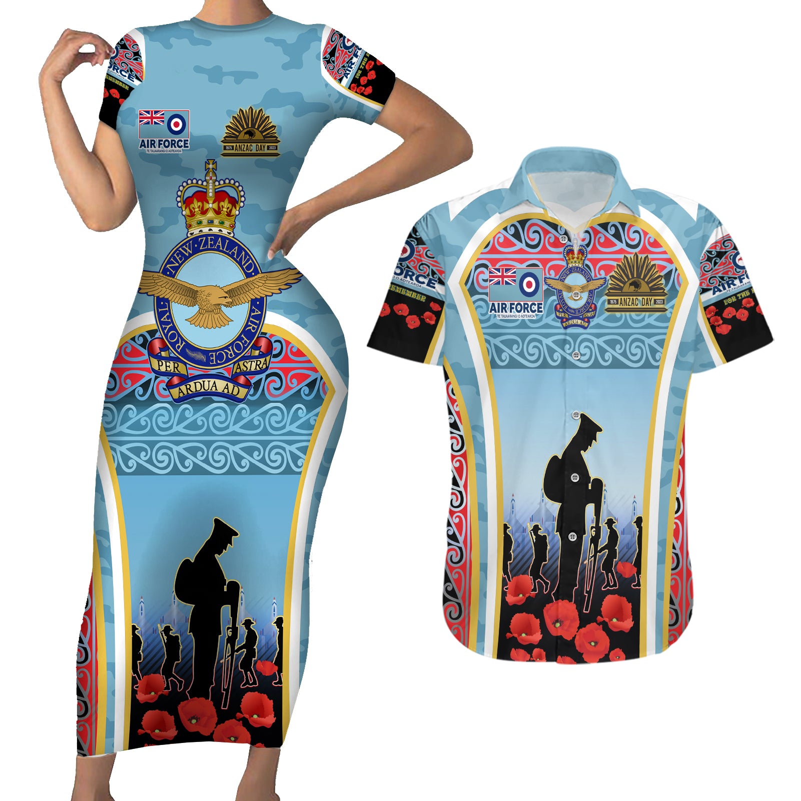 Royal New Zealand Air Force ANZAC Day Couples Matching Short Sleeve Bodycon Dress and Hawaiian Shirt Te Tauaarangi o Aotearoa LT03 Blue - Polynesian Pride