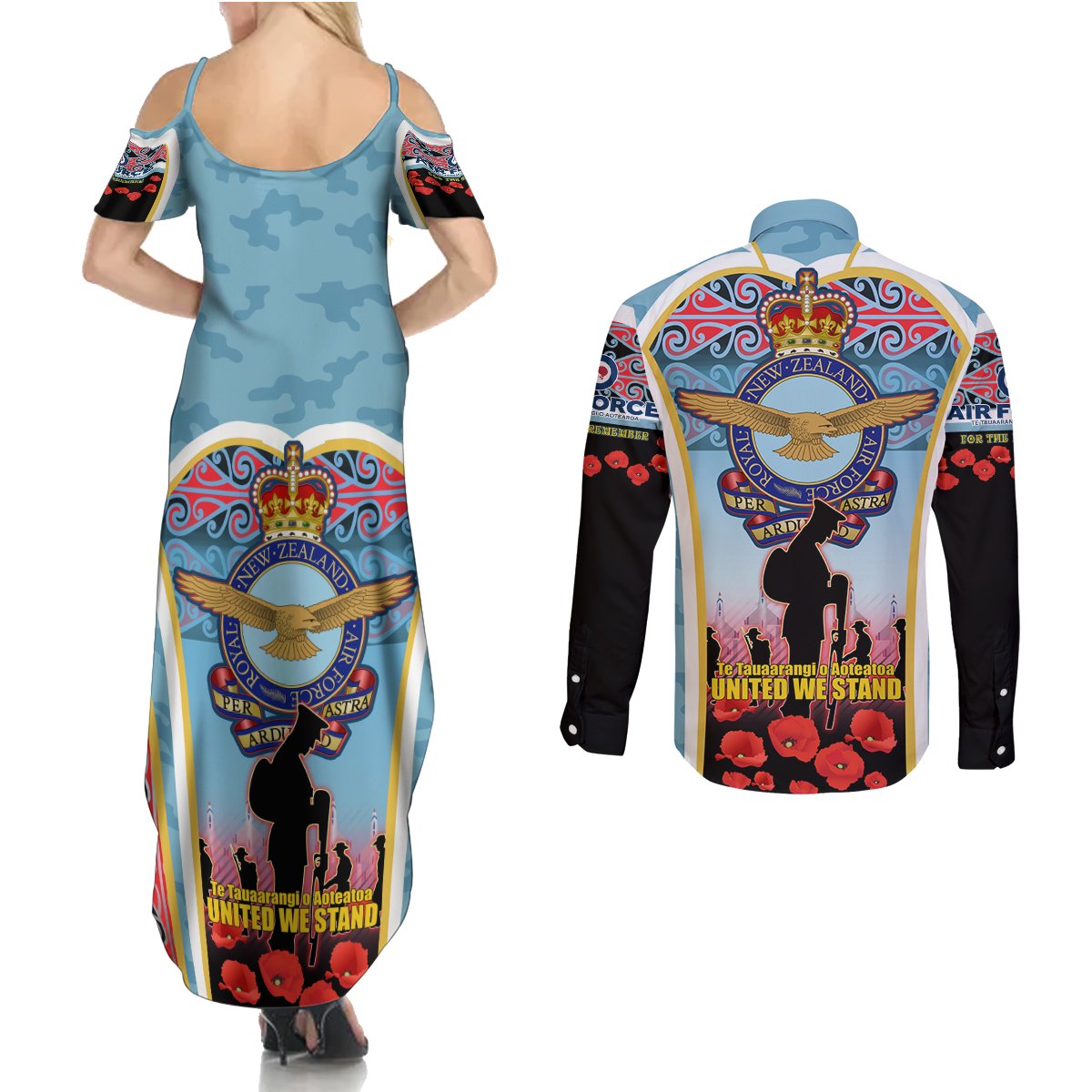 Royal New Zealand Air Force ANZAC Day Couples Matching Summer Maxi Dress and Long Sleeve Button Shirt Te Tauaarangi o Aotearoa LT03 - Polynesian Pride