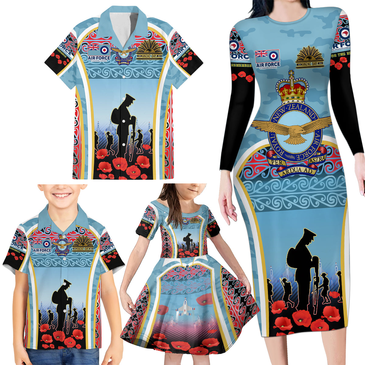 Royal New Zealand Air Force ANZAC Day Family Matching Long Sleeve Bodycon Dress and Hawaiian Shirt Te Tauaarangi o Aotearoa LT03 - Polynesian Pride