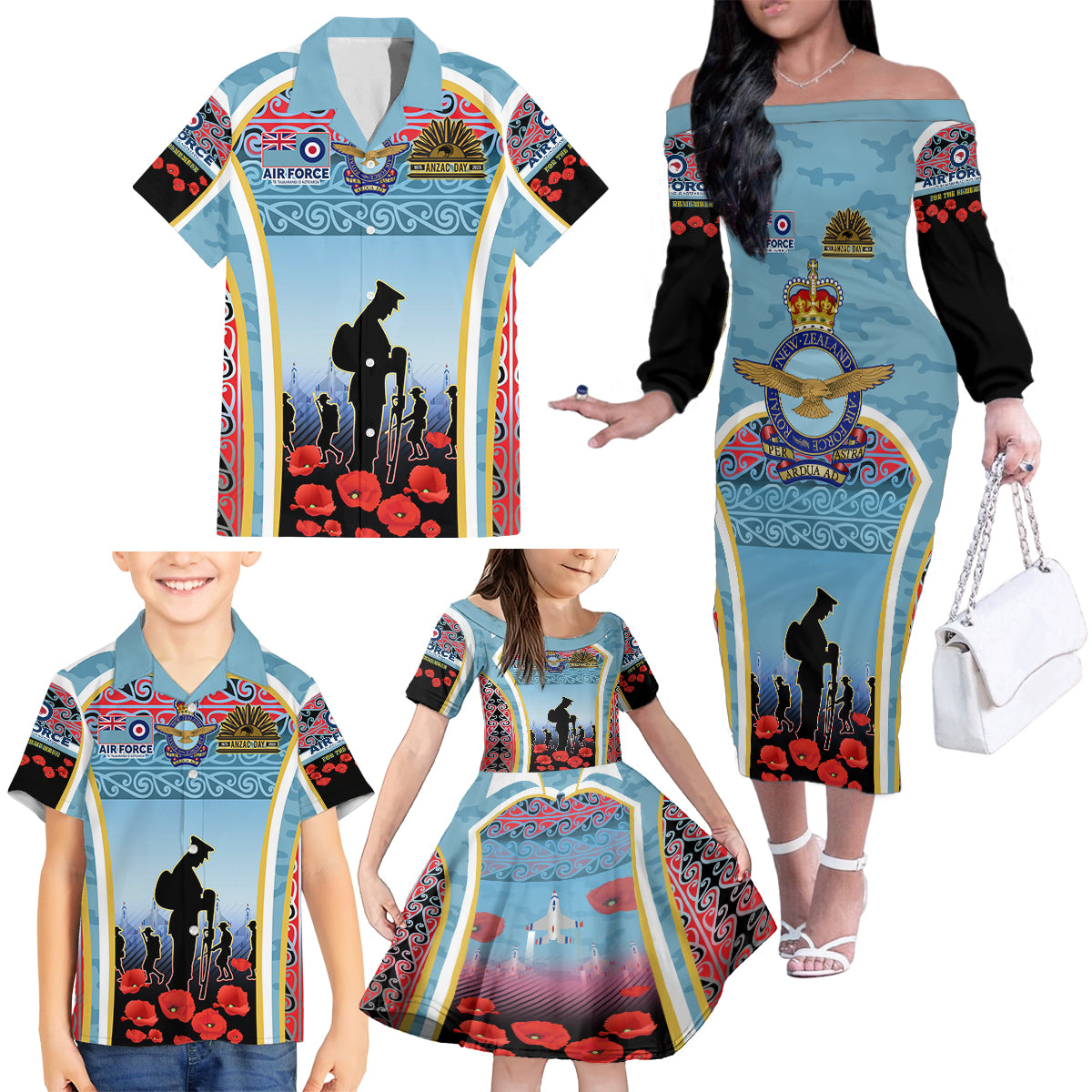 Royal New Zealand Air Force ANZAC Day Family Matching Off Shoulder Long Sleeve Dress and Hawaiian Shirt Te Tauaarangi o Aotearoa LT03 - Polynesian Pride