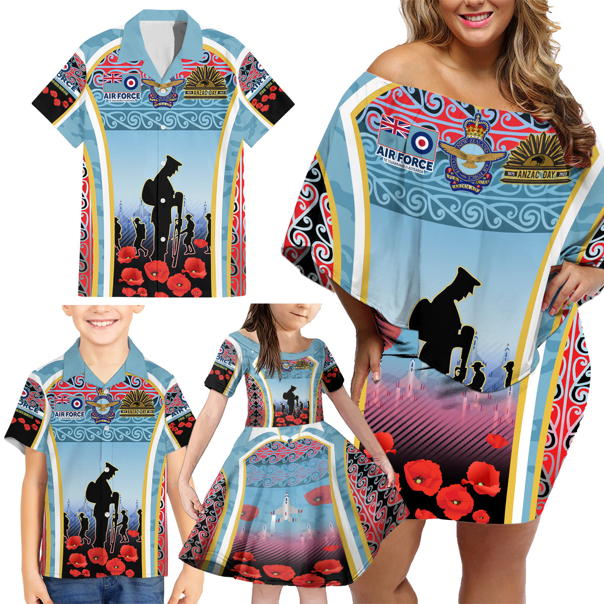 Royal New Zealand Air Force ANZAC Day Family Matching Off Shoulder Short Dress and Hawaiian Shirt Te Tauaarangi o Aotearoa LT03 - Polynesian Pride