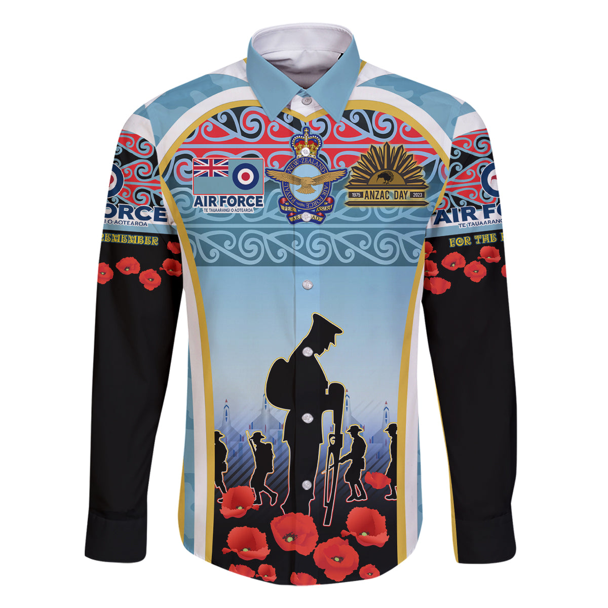 Royal New Zealand Air Force ANZAC Day Family Matching Off Shoulder Short Dress and Hawaiian Shirt Te Tauaarangi o Aotearoa LT03 Dad's Shirt - Long Sleeve Blue - Polynesian Pride