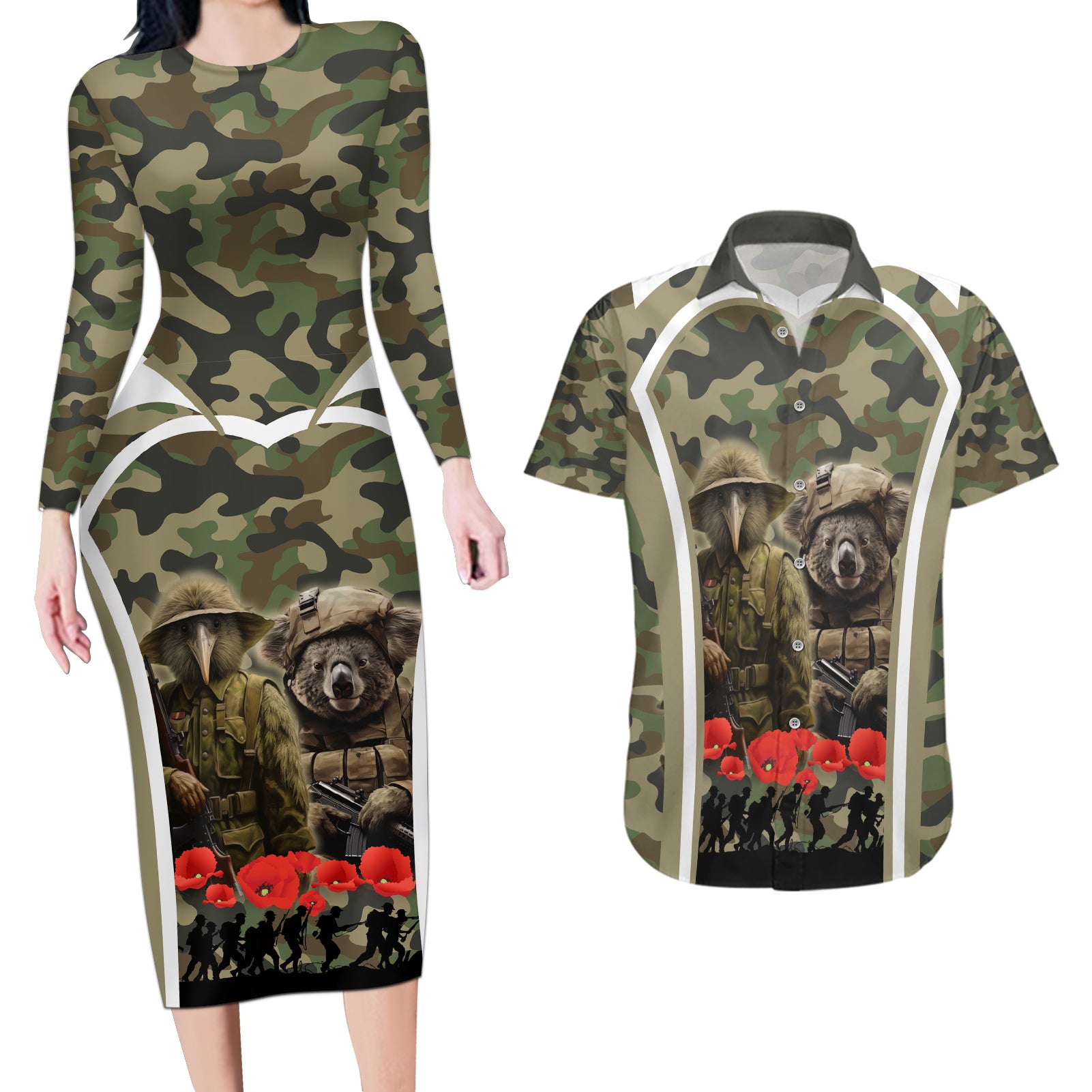 New Zealand and Australia ANZAC Day Couples Matching Long Sleeve Bodycon Dress and Hawaiian Shirt Koala and Kiwi Bird Soldier Gallipoli Camouflage Style LT03 Green - Polynesian Pride