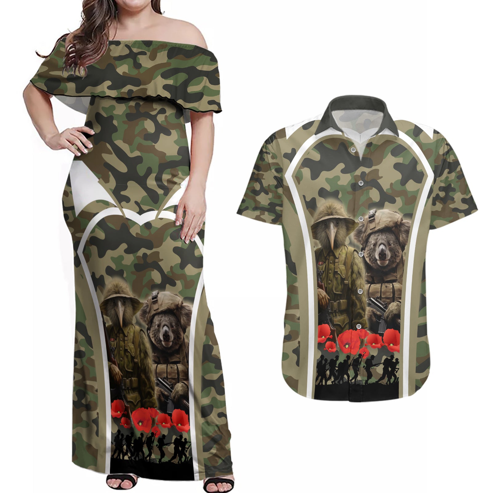 New Zealand and Australia ANZAC Day Couples Matching Off Shoulder Maxi Dress and Hawaiian Shirt Koala and Kiwi Bird Soldier Gallipoli Camouflage Style LT03 Green - Polynesian Pride