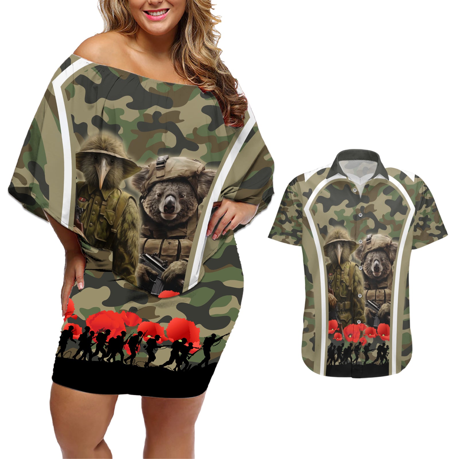 New Zealand and Australia ANZAC Day Couples Matching Off Shoulder Short Dress and Hawaiian Shirt Koala and Kiwi Bird Soldier Gallipoli Camouflage Style LT03 Green - Polynesian Pride