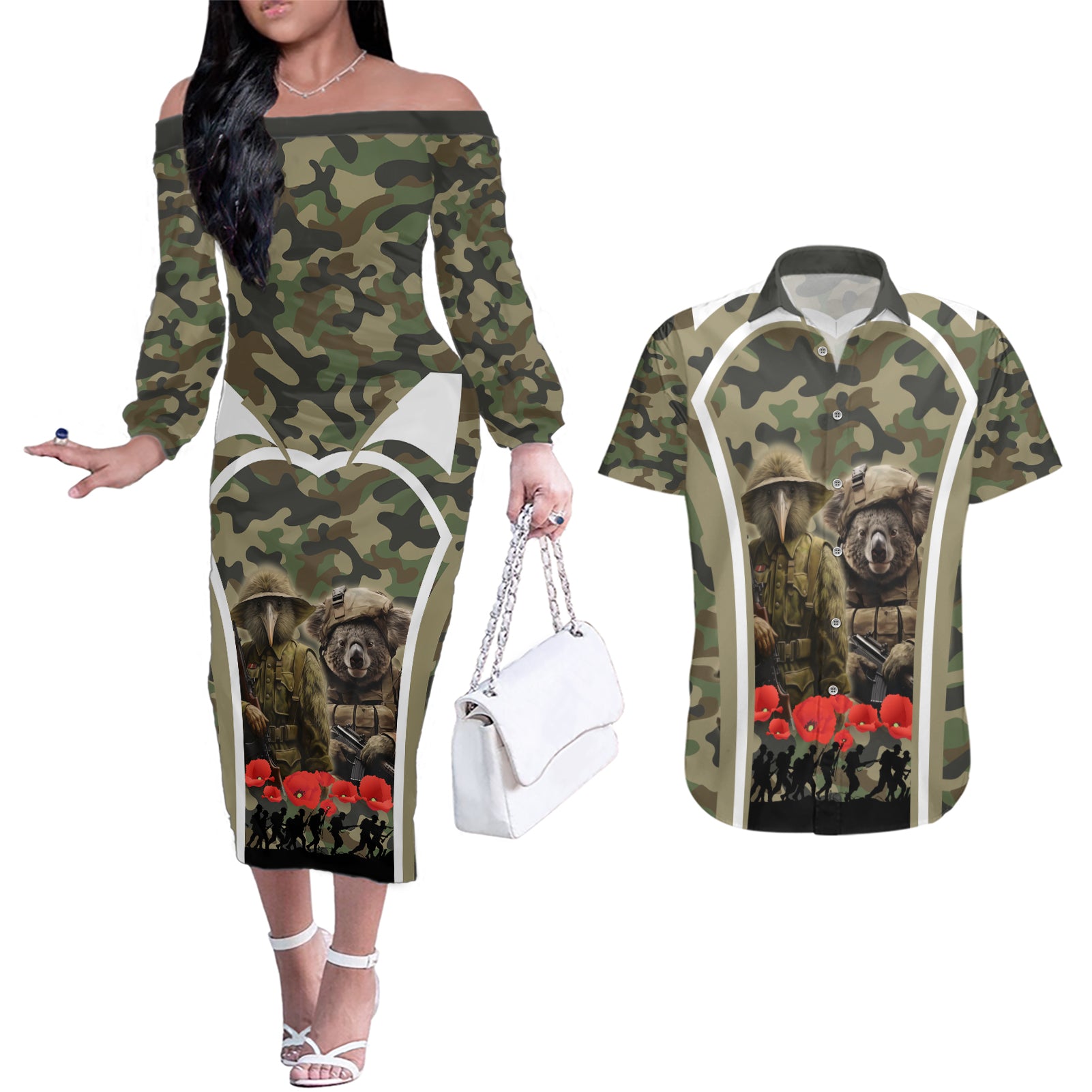 New Zealand and Australia ANZAC Day Couples Matching Off The Shoulder Long Sleeve Dress and Hawaiian Shirt Koala and Kiwi Bird Soldier Gallipoli Camouflage Style LT03 Green - Polynesian Pride