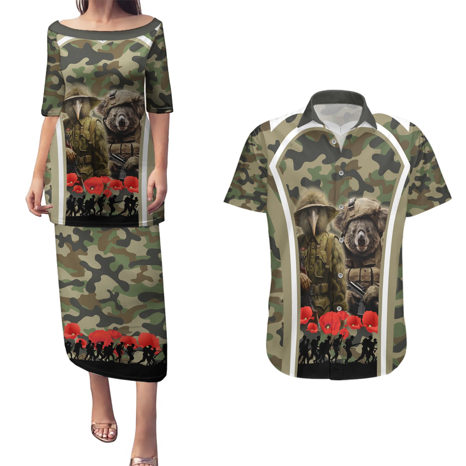 New Zealand and Australia ANZAC Day Couples Matching Puletasi and Hawaiian Shirt Koala and Kiwi Bird Soldier Gallipoli Camouflage Style LT03 Green - Polynesian Pride