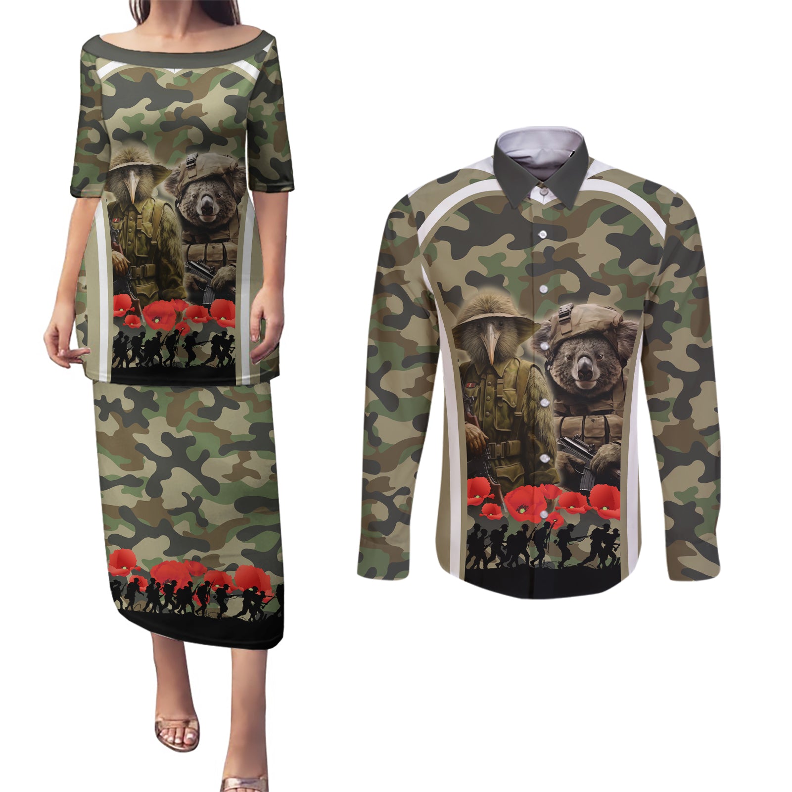 New Zealand and Australia ANZAC Day Couples Matching Puletasi and Long Sleeve Button Shirt Koala and Kiwi Bird Soldier Gallipoli Camouflage Style LT03 Green - Polynesian Pride